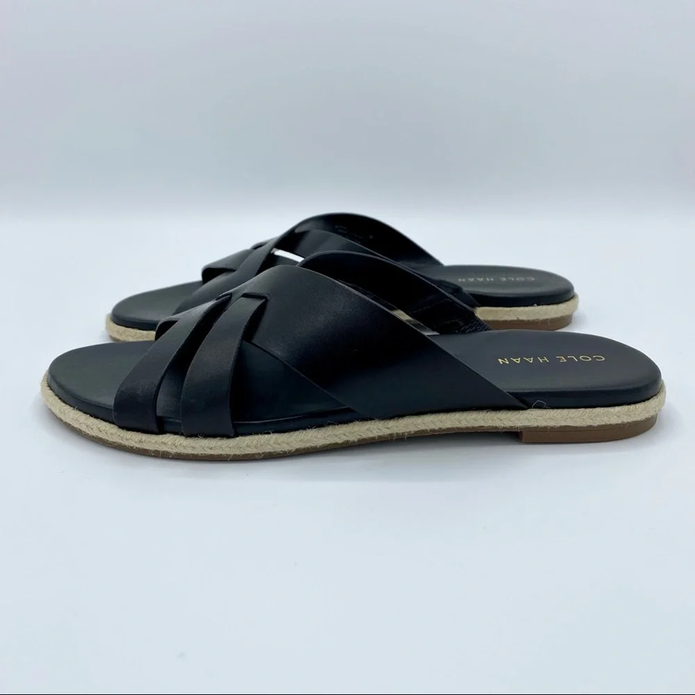 Cole Haan Black Leather Florens Espadrille Slide Sandal Size 7